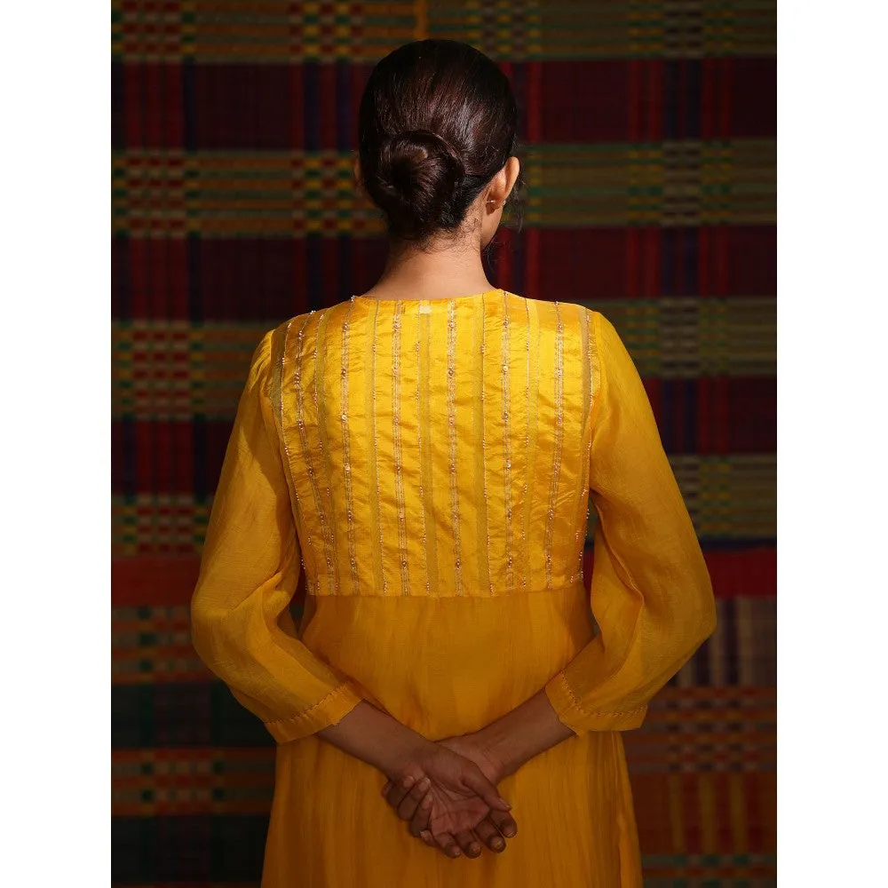 DEEPTHEE Haldi Hand Embroidered Gathered Kurta Pant & Dupatta with Slip (Set of 4)