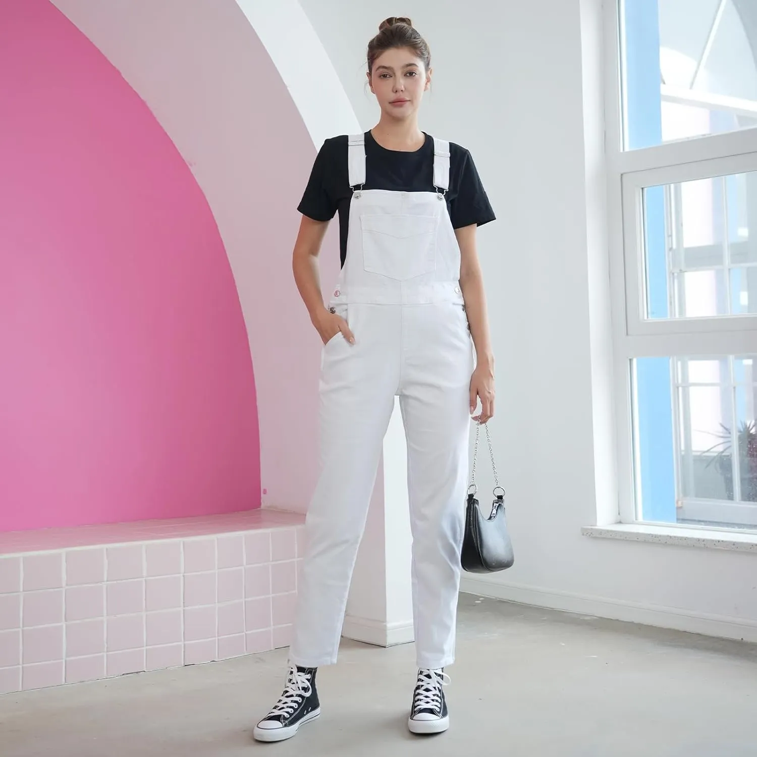 Denim Overalls for Womens Bib Overalls Adjustable Shoulder Strap Jumpsuit Loose Fit Jean Stretchy Carpenter Pants