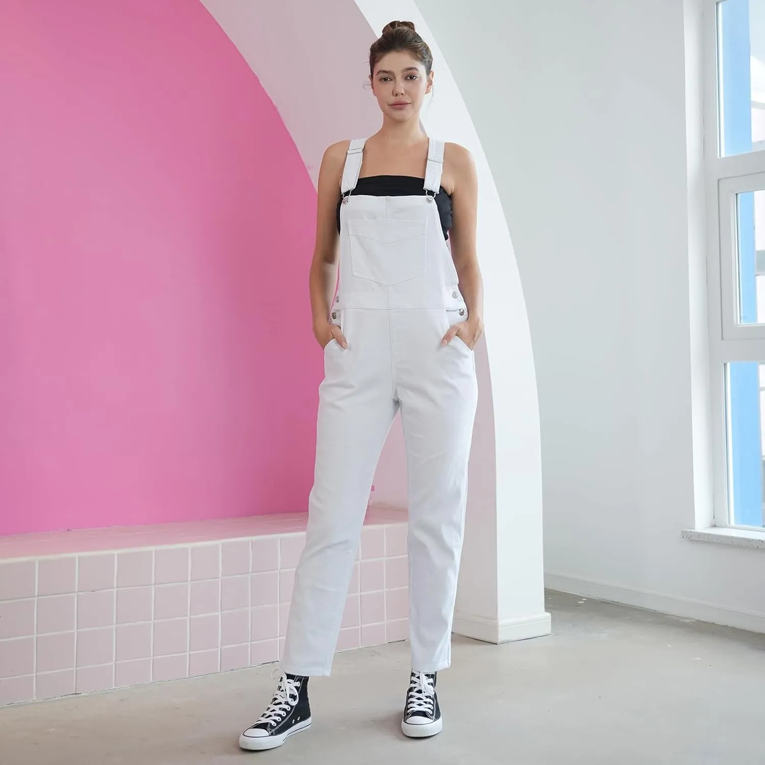 Denim Overalls for Womens Bib Overalls Adjustable Shoulder Strap Jumpsuit Loose Fit Jean Stretchy Carpenter Pants
