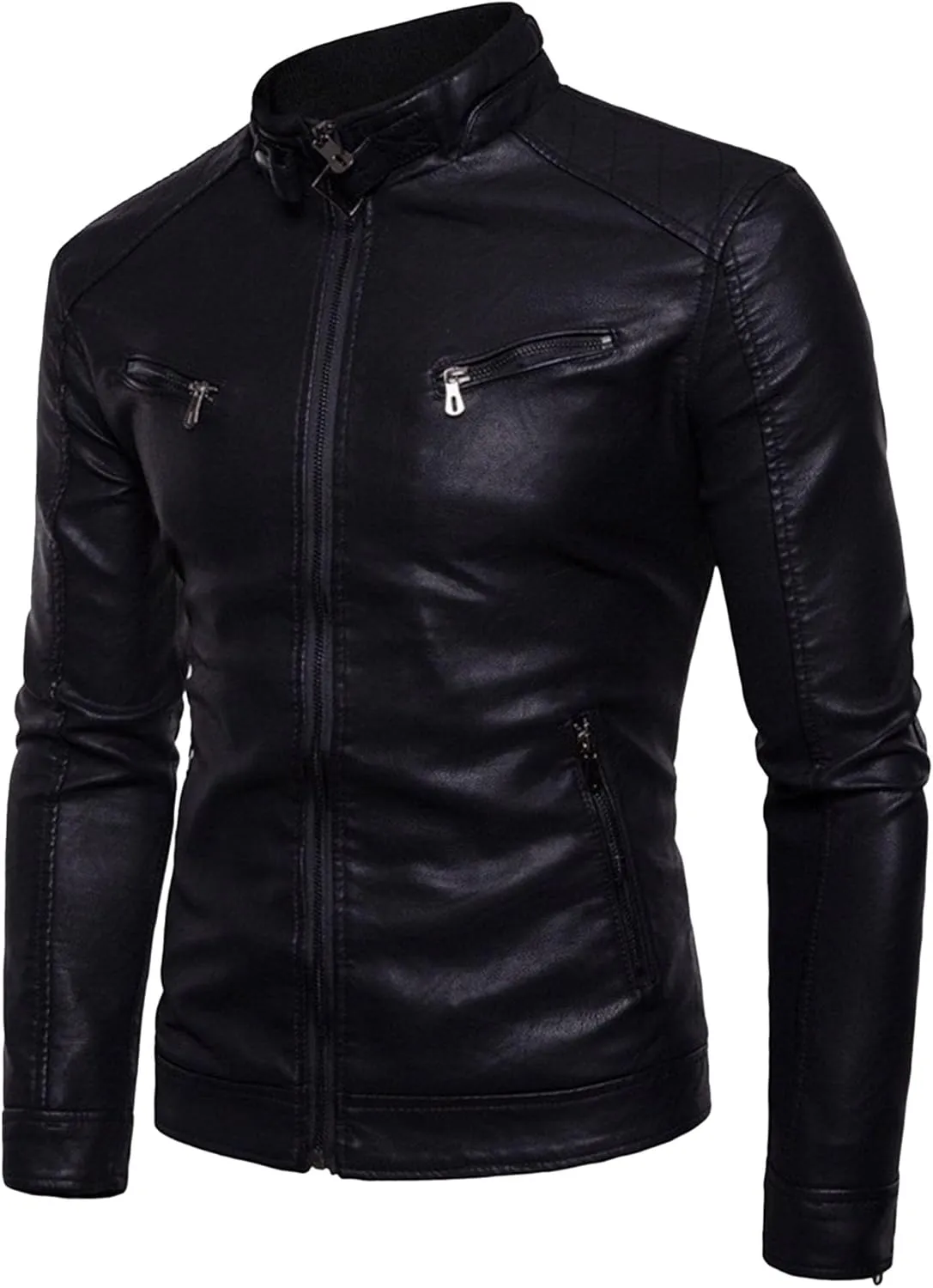 DGHM-JLMY Men's Motorcycle Leather Jacket With Double Zippers Classic Biker PU Jacket Vintage Stand Collar Rider Jacket Coat