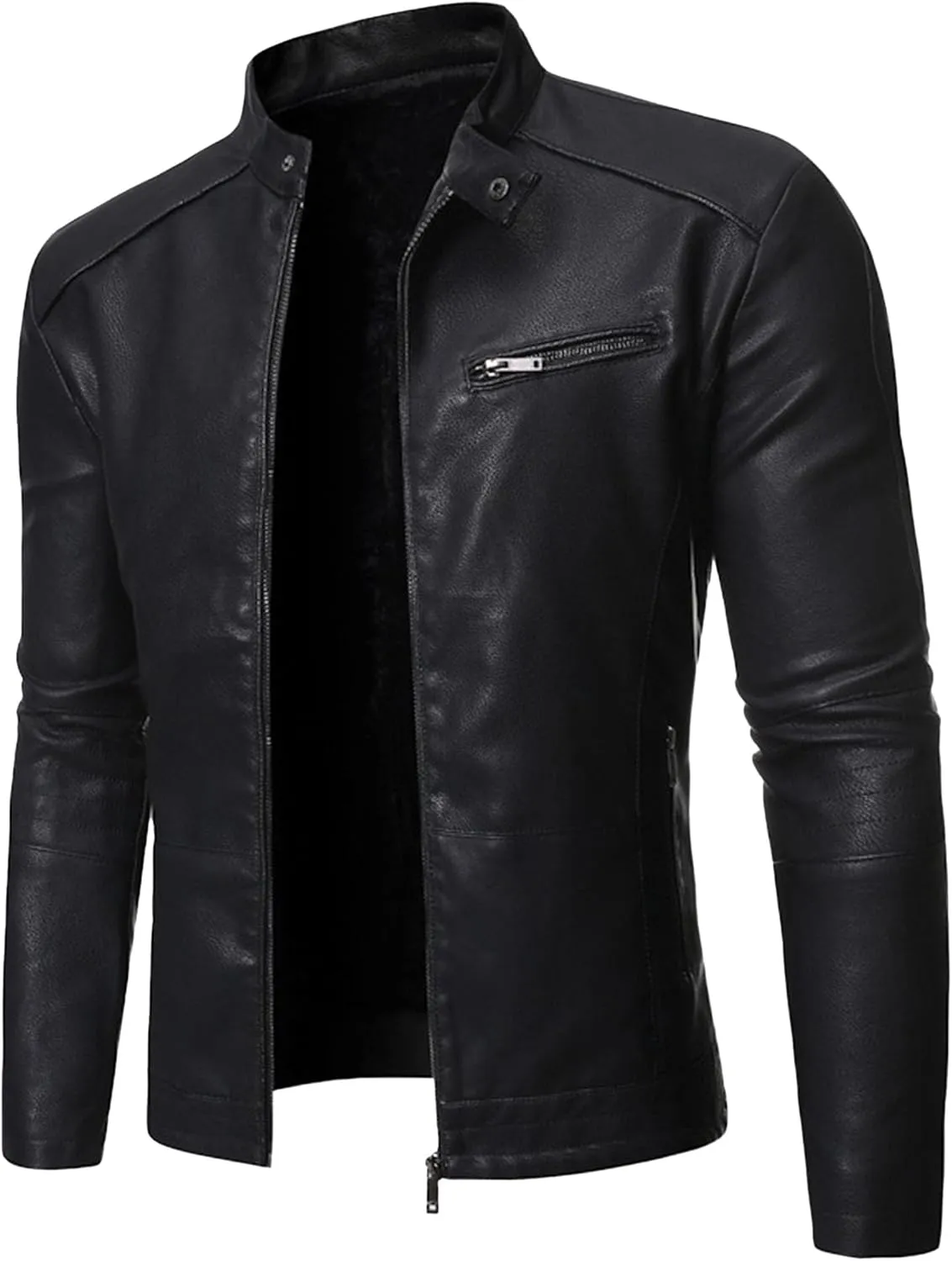 DGHM-JLMY Men's Motorcycle Leather Jacket With Double Zippers Classic Biker PU Jacket Vintage Stand Collar Rider Jacket Coat