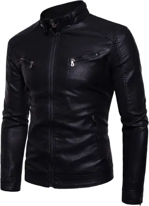 DGHM-JLMY Men's Motorcycle Leather Jacket With Double Zippers Classic Biker PU Jacket Vintage Stand Collar Rider Jacket Coat