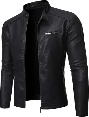 DGHM-JLMY Men's Motorcycle Leather Jacket With Double Zippers Classic Biker PU Jacket Vintage Stand Collar Rider Jacket Coat