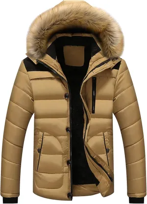 DGKaxiyaHM Men's Waterproof Padded Jacket With Hooded Thicken Warm Ski Down Coat Casual Windproof Cotton-Padded Jacket (3X-Large,Khaki)