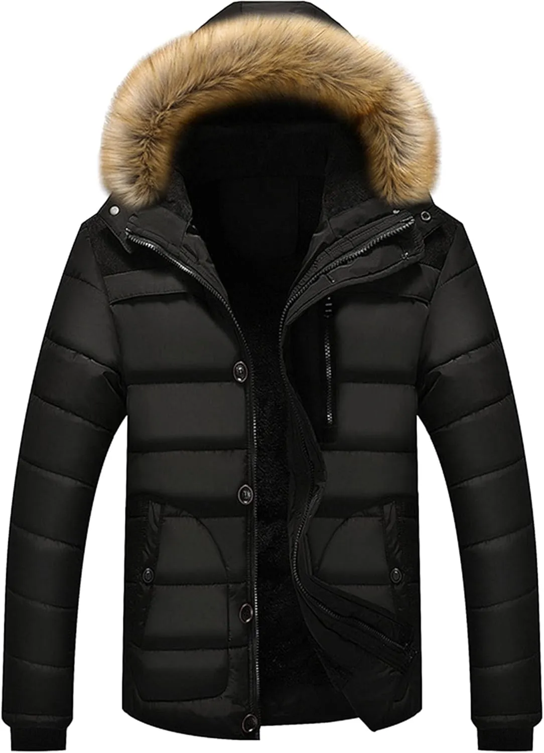 DGKaxiyaHM Men's Waterproof Padded Jacket With Hooded Thicken Warm Ski Down Coat Casual Windproof Cotton-Padded Jacket (X-Large,Black)