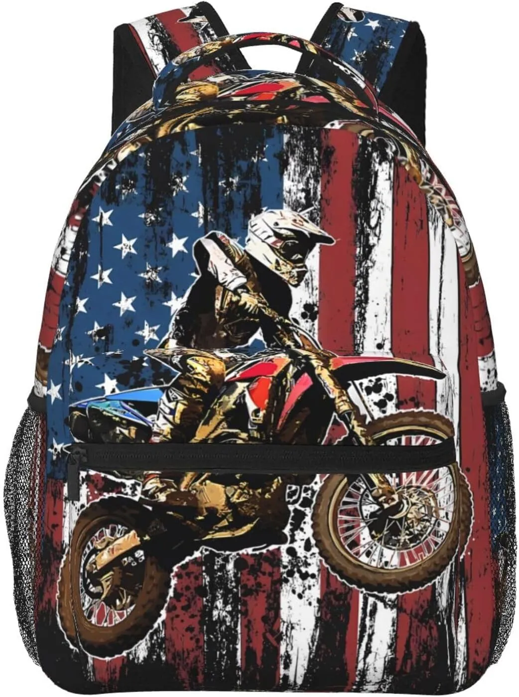Dirt Bike Racing Motocross Race American Flag Backpack Casual Pack Bag Laptop Backpack With Side Pocket Front Zipper Pocket Bookpack Travel Daypack Picnic Rucksack
