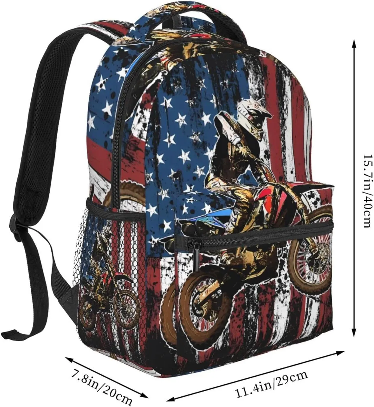 Dirt Bike Racing Motocross Race American Flag Backpack Casual Pack Bag Laptop Backpack With Side Pocket Front Zipper Pocket Bookpack Travel Daypack Picnic Rucksack