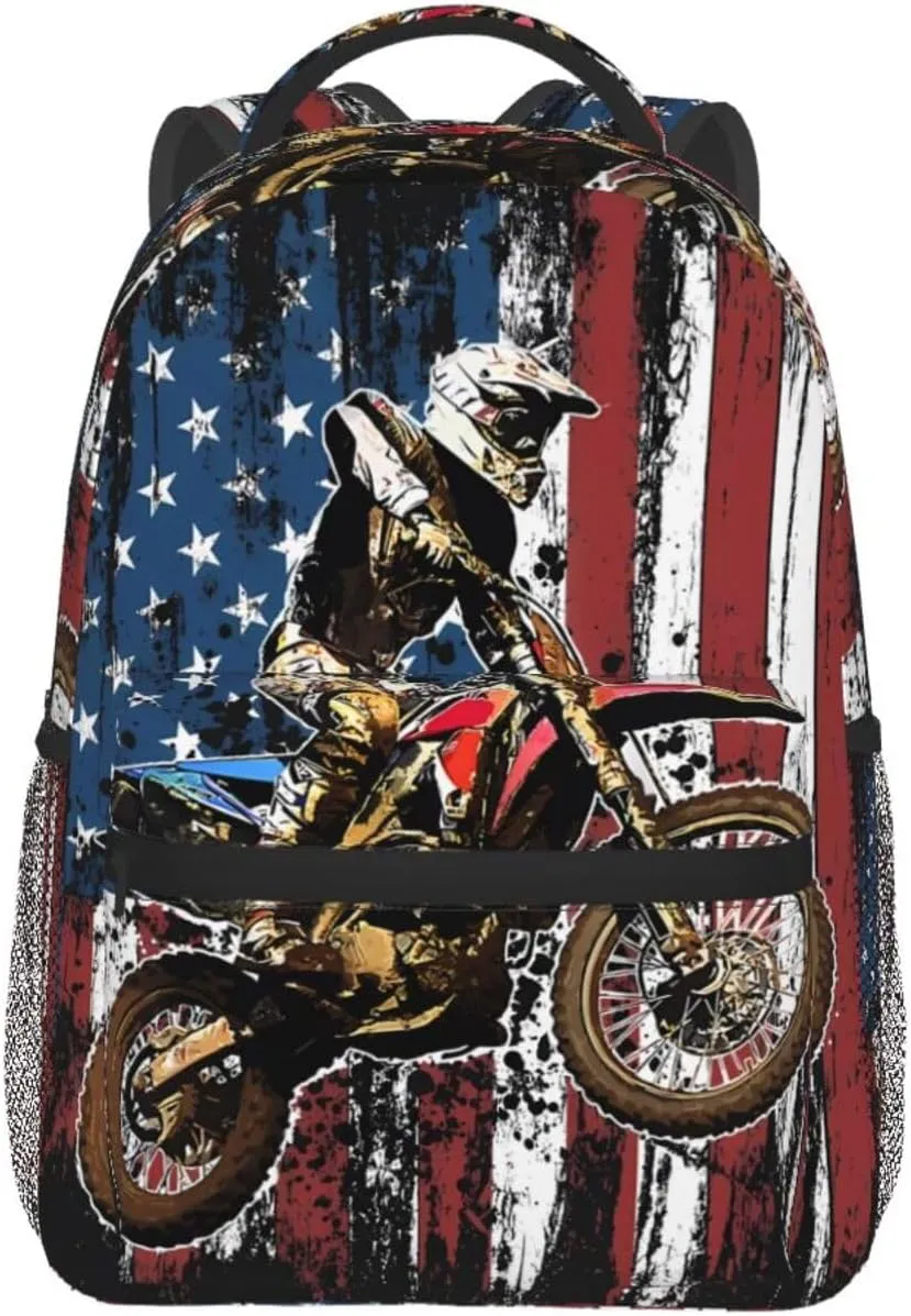 Dirt Bike Racing Motocross Race American Flag Backpack Casual Pack Bag Laptop Backpack With Side Pocket Front Zipper Pocket Bookpack Travel Daypack Picnic Rucksack