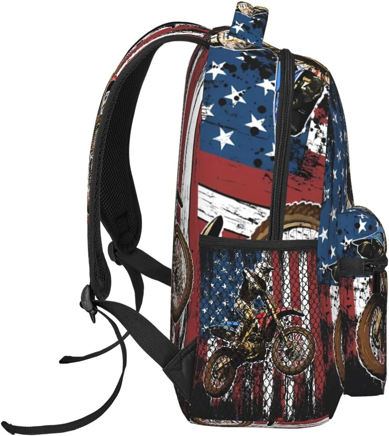 Dirt Bike Racing Motocross Race American Flag Backpack Casual Pack Bag Laptop Backpack With Side Pocket Front Zipper Pocket Bookpack Travel Daypack Picnic Rucksack
