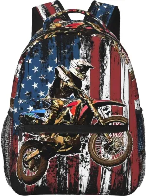 Dirt Bike Racing Motocross Race American Flag Backpack Casual Pack Bag Laptop Backpack With Side Pocket Front Zipper Pocket Bookpack Travel Daypack Picnic Rucksack