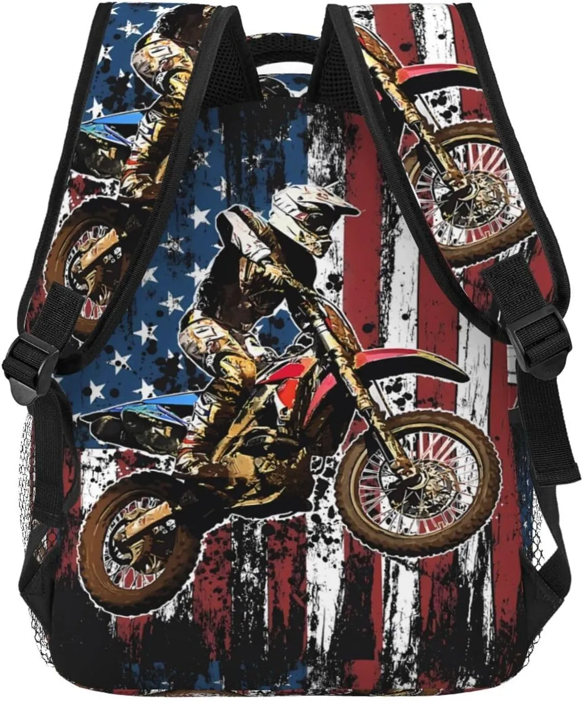 Dirt Bike Racing Motocross Race American Flag Backpack Casual Pack Bag Laptop Backpack With Side Pocket Front Zipper Pocket Bookpack Travel Daypack Picnic Rucksack