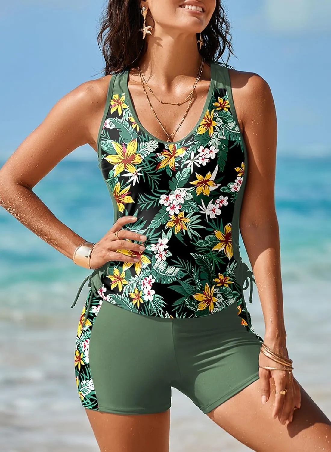 Dokotoo Women's Tankini Swimsuits 2025 Two Piece Bathing Suits Tummy Control Swim Tank Top with Boy Shorts