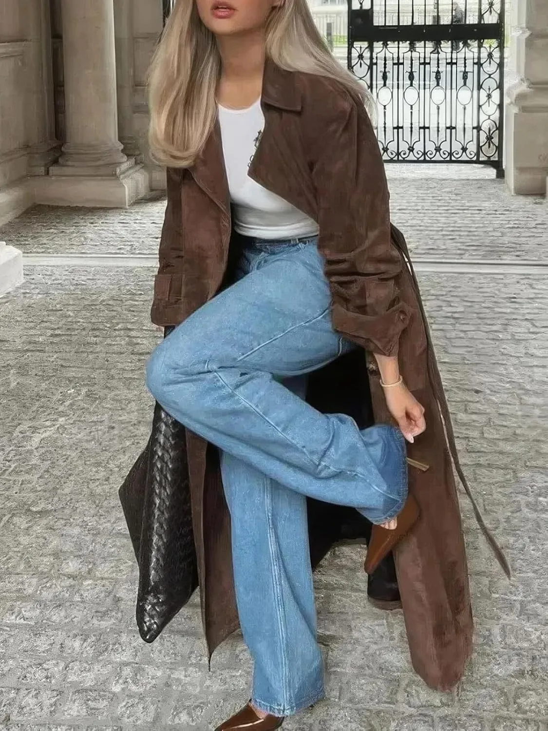 ebossy Women's Fashion Faux Suede Open Front Long Trench Coat Notched Lapel Double Breasted Maxi Overcoat with Belt