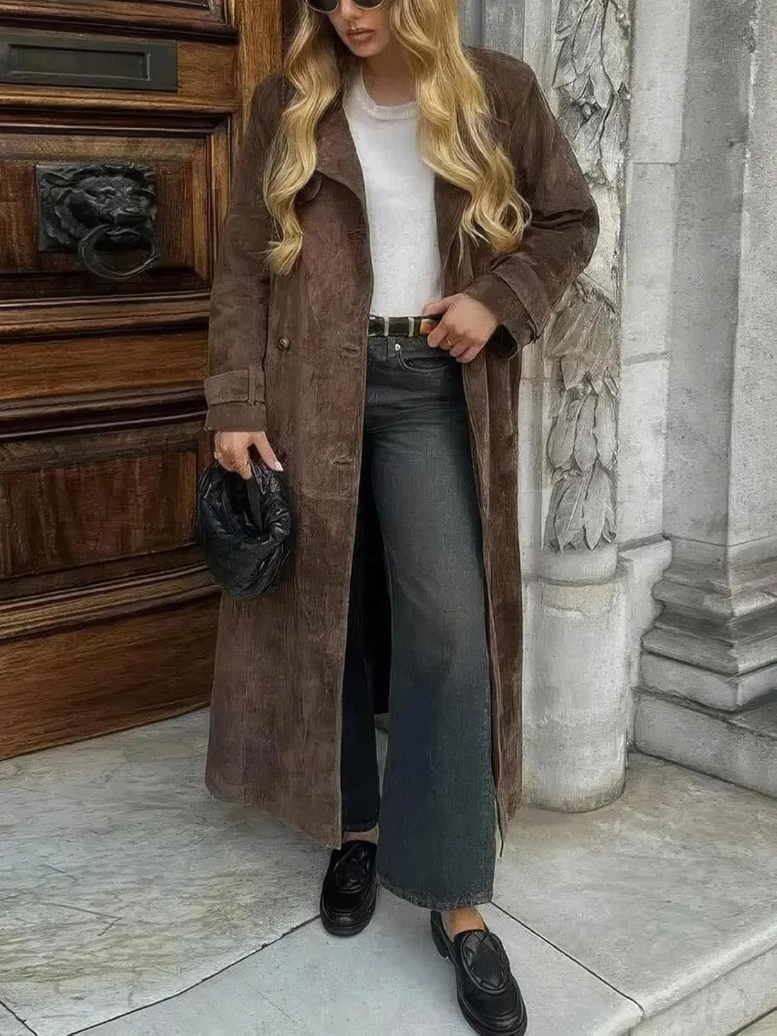 ebossy Women's Fashion Faux Suede Open Front Long Trench Coat Notched Lapel Double Breasted Maxi Overcoat with Belt