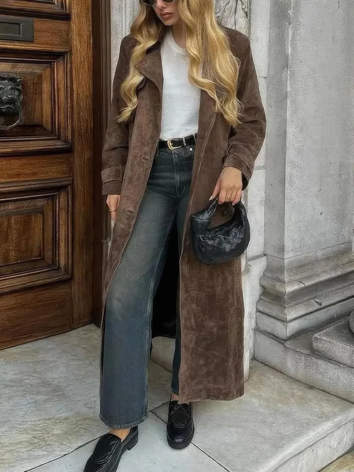 ebossy Women's Fashion Faux Suede Open Front Long Trench Coat Notched Lapel Double Breasted Maxi Overcoat with Belt