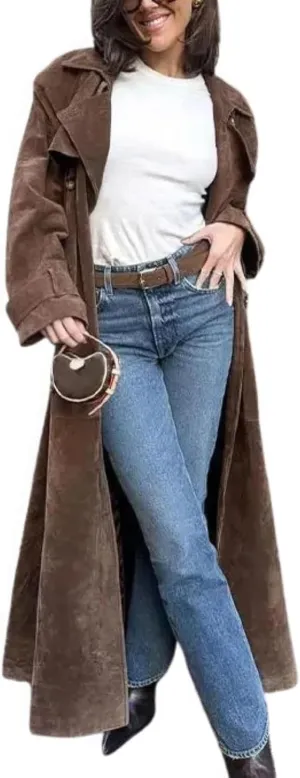 ebossy Women's Fashion Faux Suede Open Front Long Trench Coat Notched Lapel Double Breasted Maxi Overcoat with Belt