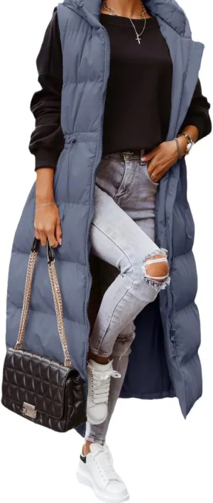 ebossy Women's Winter Warm Hooded Down Puffer Jacket Vest Sleeveless Cotton Padded Quilted Thicken Long Coat