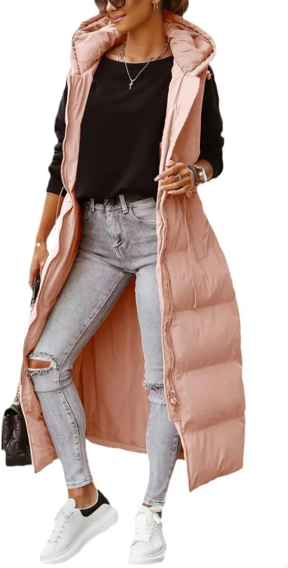 ebossy Women's Winter Warm Hooded Down Puffer Jacket Vest Sleeveless Cotton Padded Quilted Thicken Long Coat