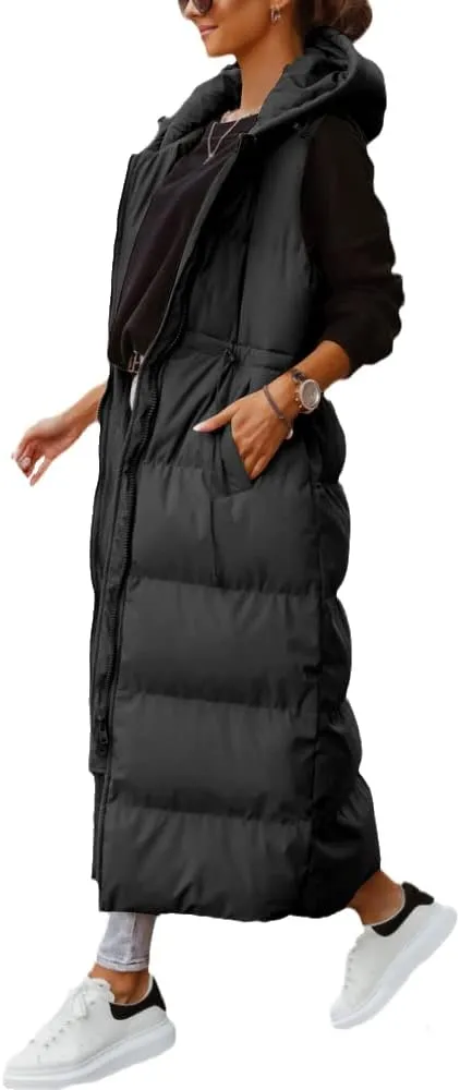 ebossy Women's Winter Warm Hooded Down Puffer Jacket Vest Sleeveless Cotton Padded Quilted Thicken Long Coat