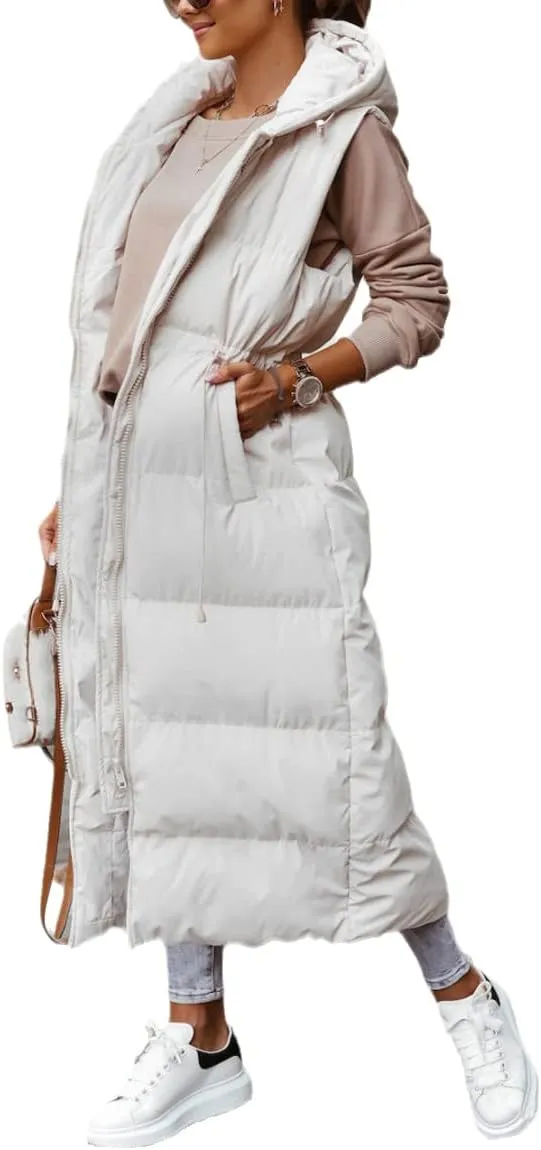 ebossy Women's Winter Warm Hooded Down Puffer Jacket Vest Sleeveless Cotton Padded Quilted Thicken Long Coat