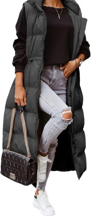 ebossy Women's Winter Warm Hooded Down Puffer Jacket Vest Sleeveless Cotton Padded Quilted Thicken Long Coat