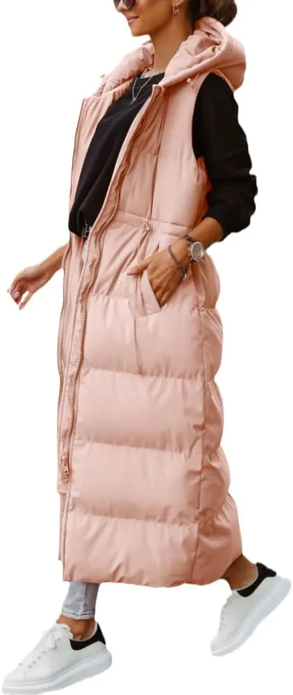 ebossy Women's Winter Warm Hooded Down Puffer Jacket Vest Sleeveless Cotton Padded Quilted Thicken Long Coat