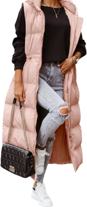 ebossy Women's Winter Warm Hooded Down Puffer Jacket Vest Sleeveless Cotton Padded Quilted Thicken Long Coat
