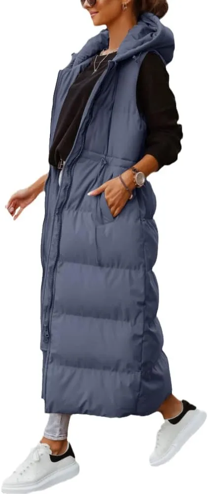 ebossy Women's Winter Warm Hooded Down Puffer Jacket Vest Sleeveless Cotton Padded Quilted Thicken Long Coat
