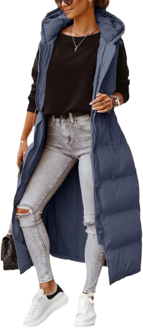 ebossy Women's Winter Warm Hooded Down Puffer Jacket Vest Sleeveless Cotton Padded Quilted Thicken Long Coat