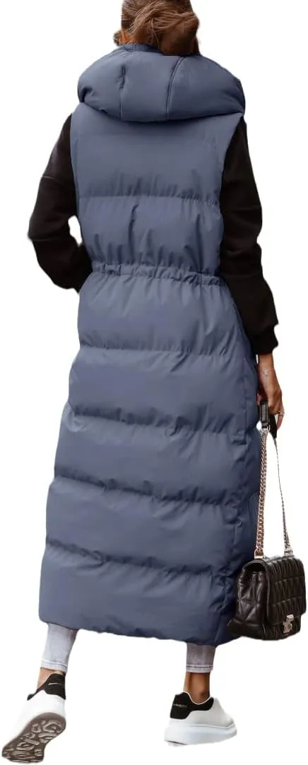 ebossy Women's Winter Warm Hooded Down Puffer Jacket Vest Sleeveless Cotton Padded Quilted Thicken Long Coat
