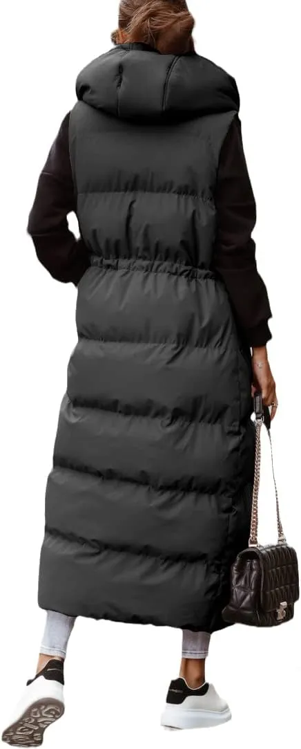 ebossy Women's Winter Warm Hooded Down Puffer Jacket Vest Sleeveless Cotton Padded Quilted Thicken Long Coat
