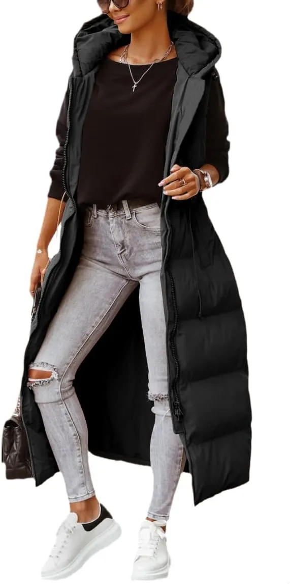 ebossy Women's Winter Warm Hooded Down Puffer Jacket Vest Sleeveless Cotton Padded Quilted Thicken Long Coat