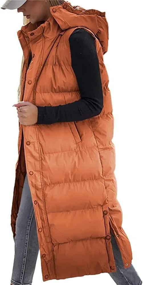 ebossy Women's Winter Warm Hooded Down Puffer Jacket Vest Zipper Cotton Padded Quilted Thicken Long Coat