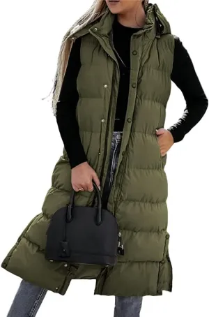 ebossy Women's Winter Warm Hooded Down Puffer Jacket Vest Zipper Cotton Padded Quilted Thicken Long Coat