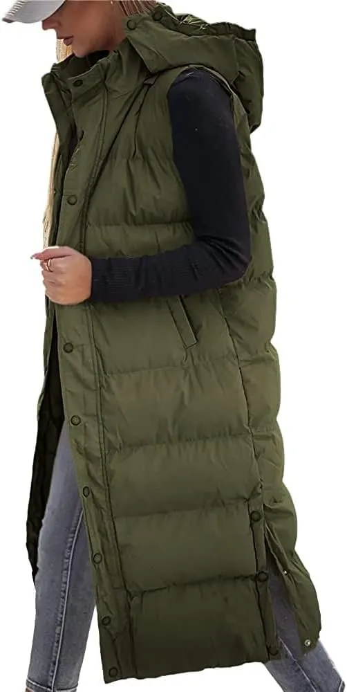 ebossy Women's Winter Warm Hooded Down Puffer Jacket Vest Zipper Cotton Padded Quilted Thicken Long Coat