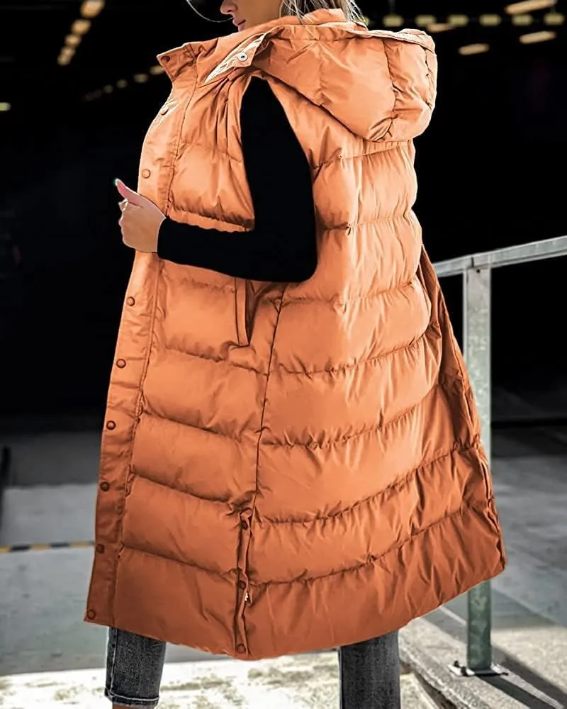 ebossy Women's Winter Warm Hooded Down Puffer Jacket Vest Zipper Cotton Padded Quilted Thicken Long Coat