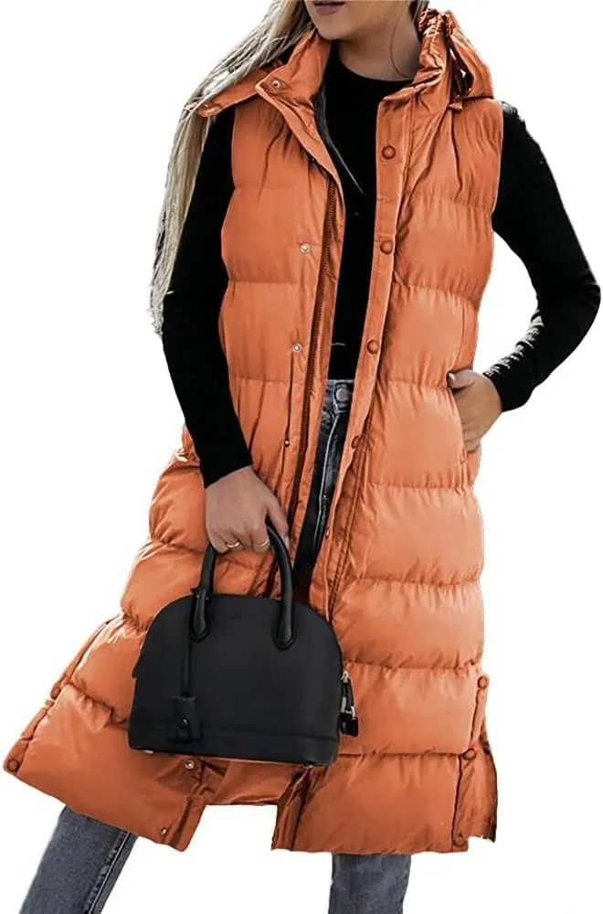 ebossy Women's Winter Warm Hooded Down Puffer Jacket Vest Zipper Cotton Padded Quilted Thicken Long Coat