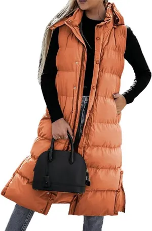 ebossy Women's Winter Warm Hooded Down Puffer Jacket Vest Zipper Cotton Padded Quilted Thicken Long Coat