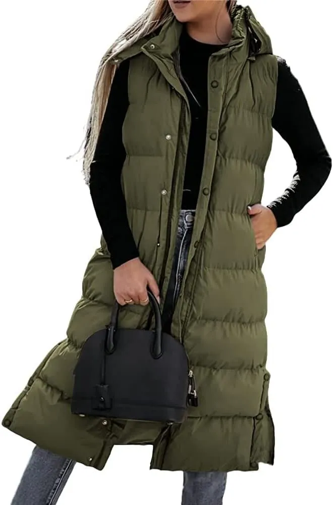 ebossy Women's Winter Warm Hooded Down Puffer Jacket Vest Zipper Cotton Padded Quilted Thicken Long Coat