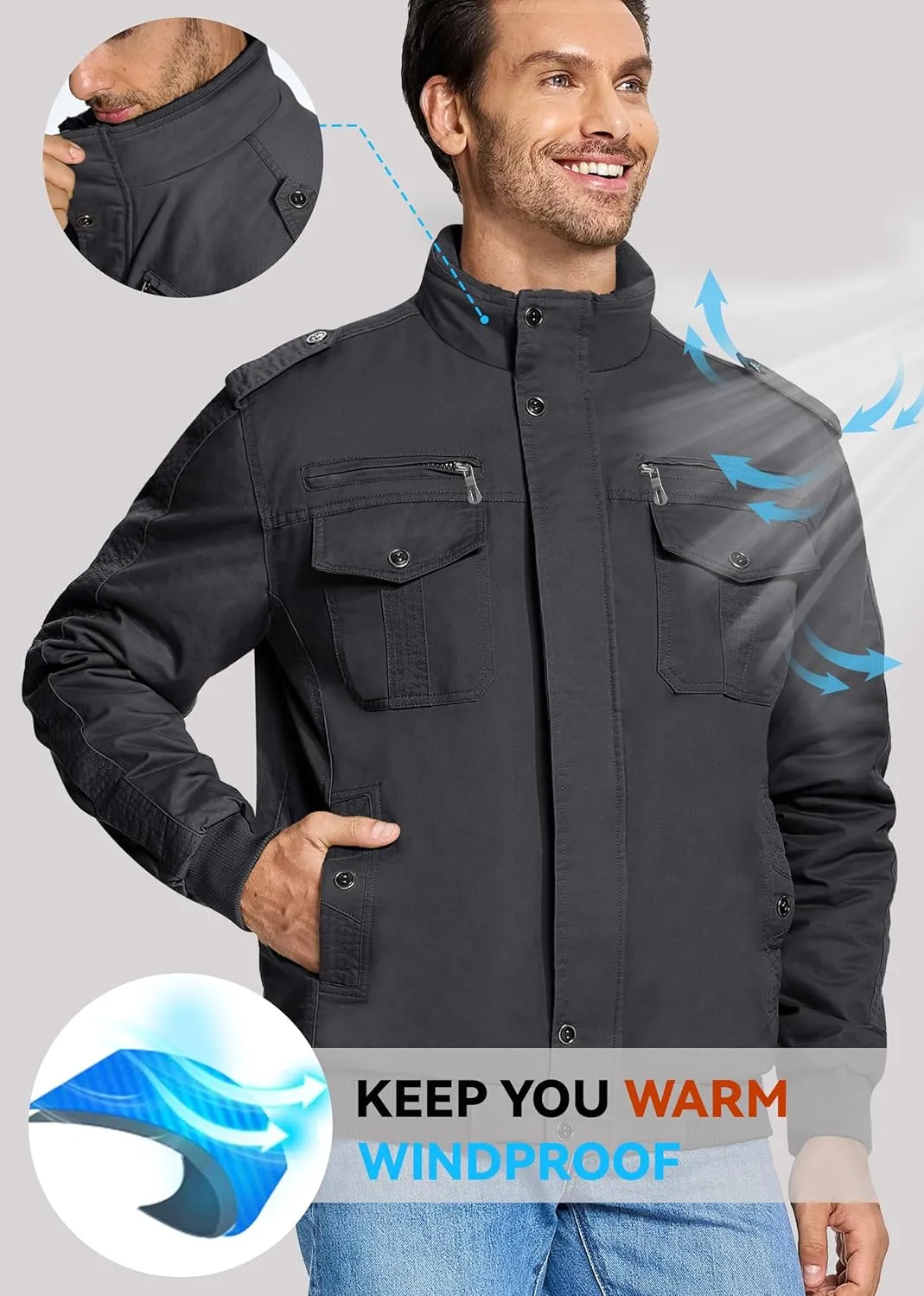 EKLENTSON Men's Thick Thermal Winter Jacket with Multi Pockets Zip Front Fleece Lined Military Jacket for Men