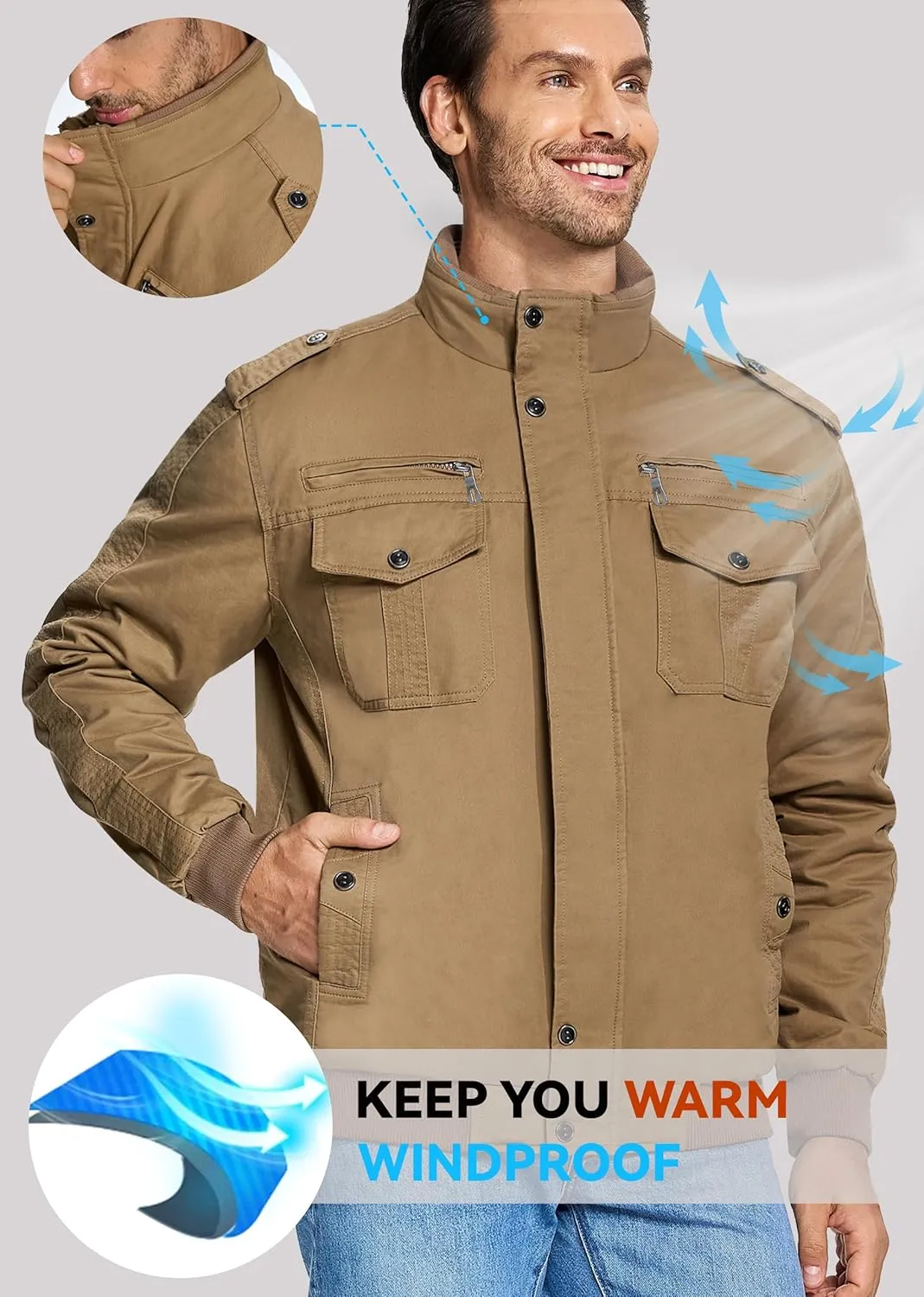 EKLENTSON Men's Thick Thermal Winter Jacket with Multi Pockets Zip Front Fleece Lined Military Jacket for Men