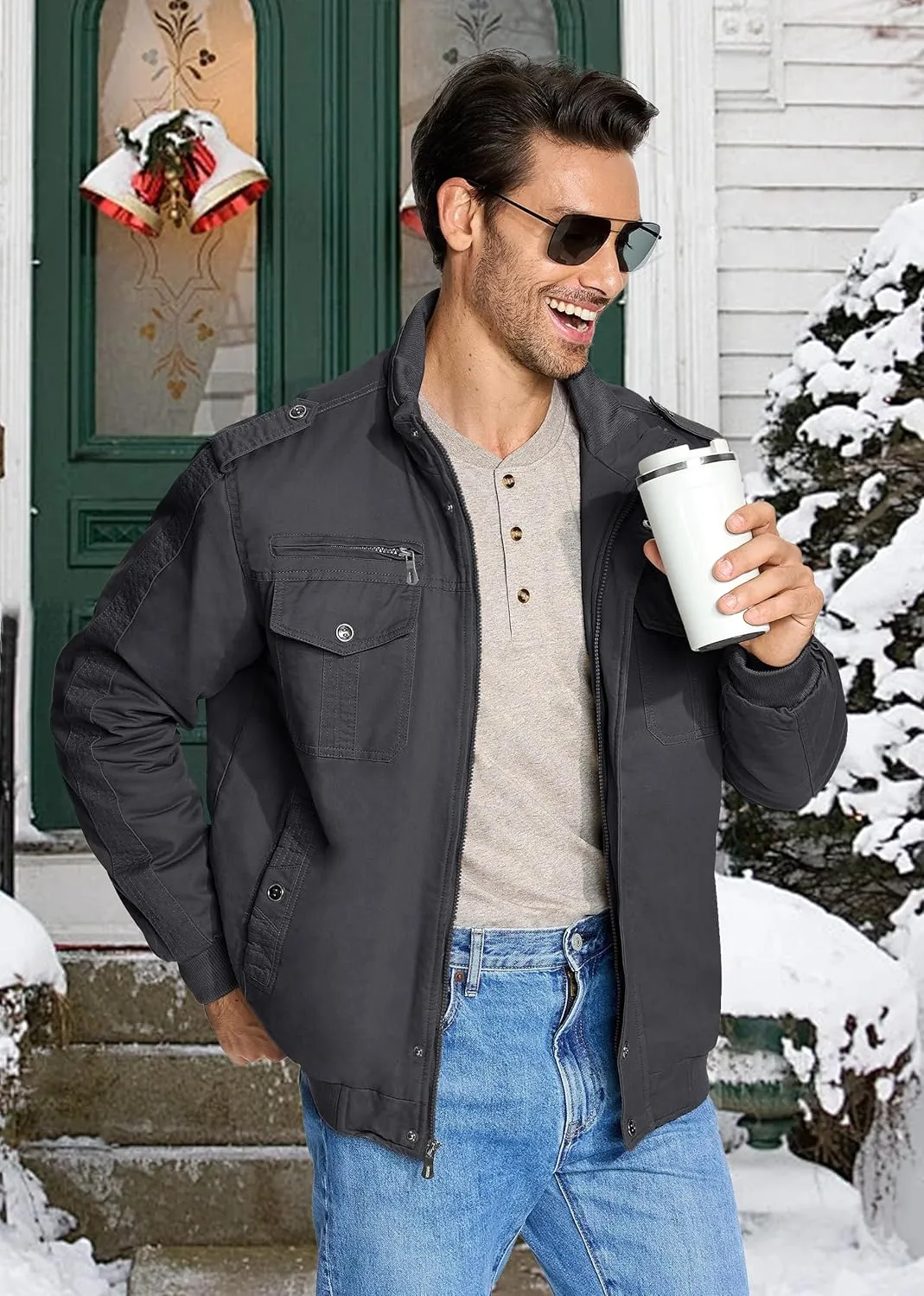 EKLENTSON Men's Thick Thermal Winter Jacket with Multi Pockets Zip Front Fleece Lined Military Jacket for Men