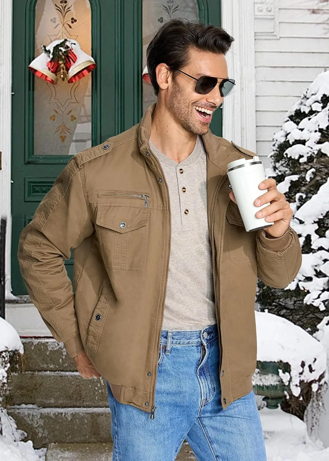 EKLENTSON Men's Thick Thermal Winter Jacket with Multi Pockets Zip Front Fleece Lined Military Jacket for Men