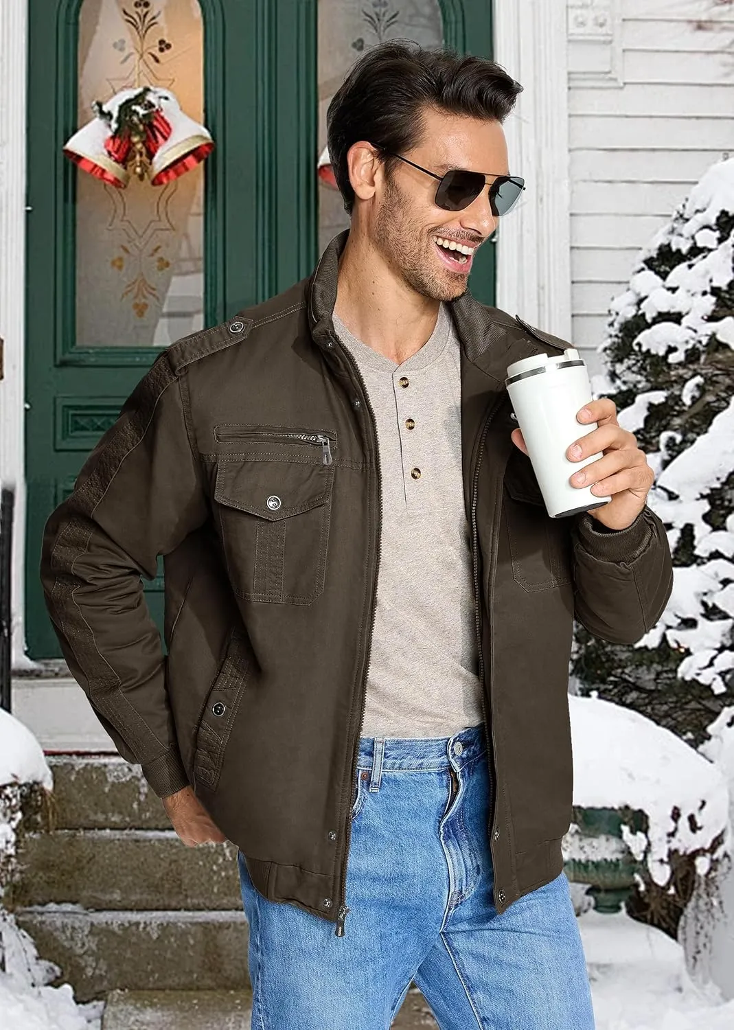 EKLENTSON Men's Thick Thermal Winter Jacket with Multi Pockets Zip Front Fleece Lined Military Jacket for Men