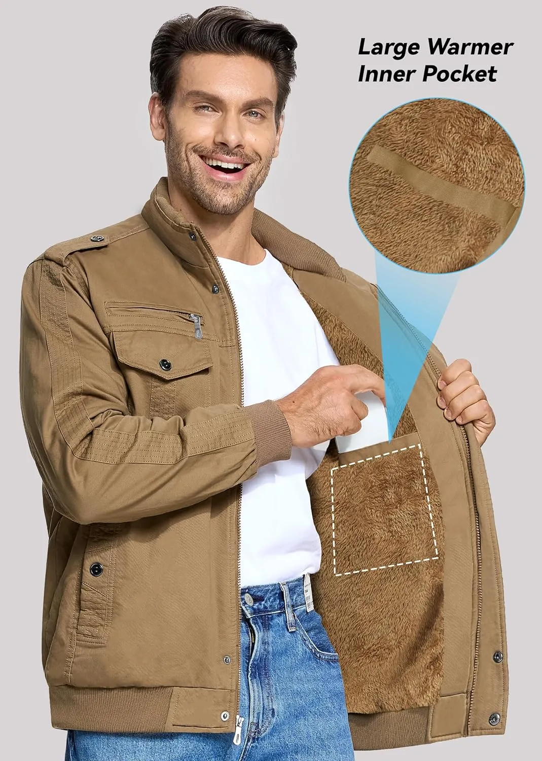 EKLENTSON Men's Thick Thermal Winter Jacket with Multi Pockets Zip Front Fleece Lined Military Jacket for Men