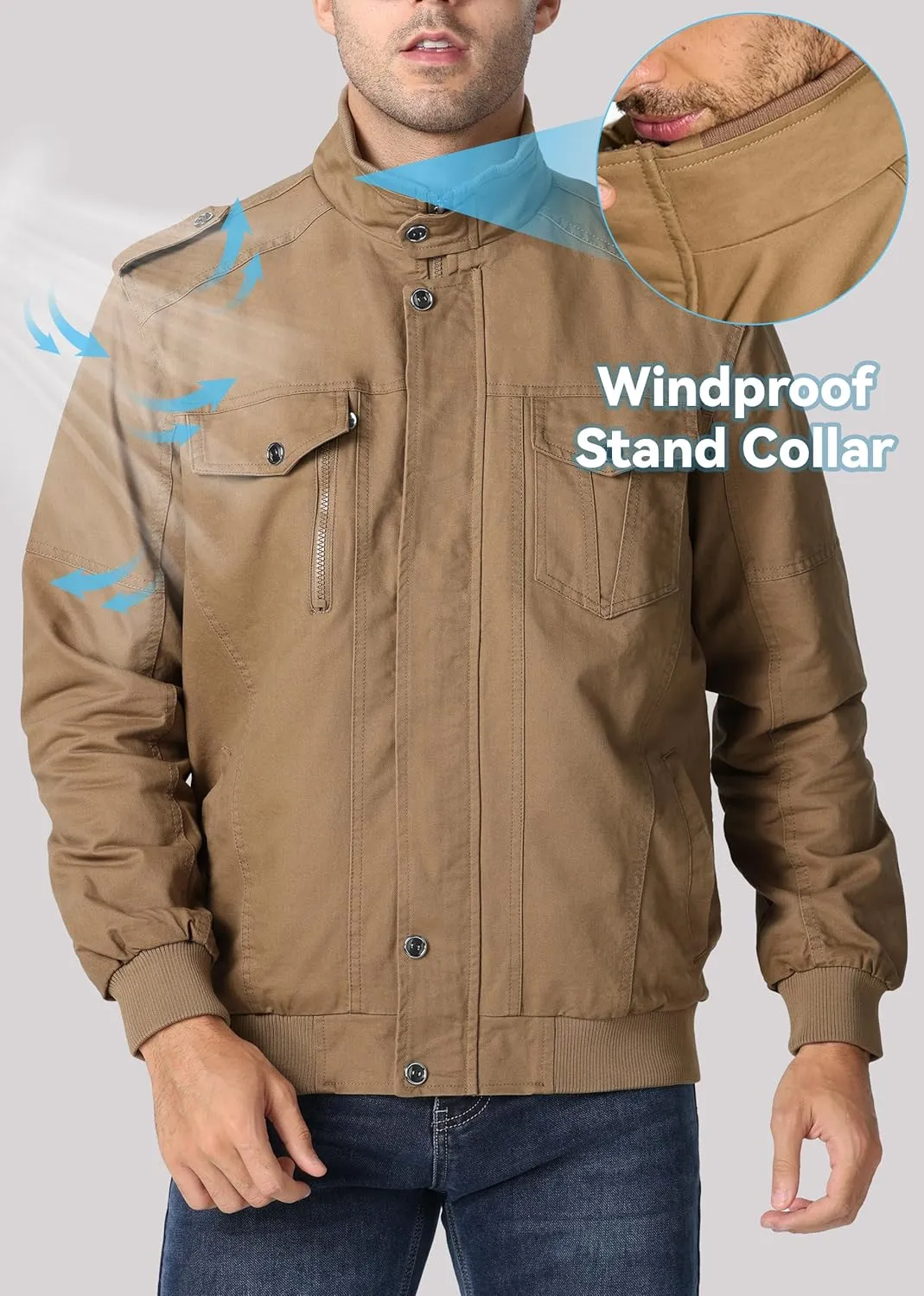 EKLENTSON Men's Winter Jacket with Multi Pockets Zip Front Thick Thermal Fleece Lined Coat Work Cargo Jacket for Men