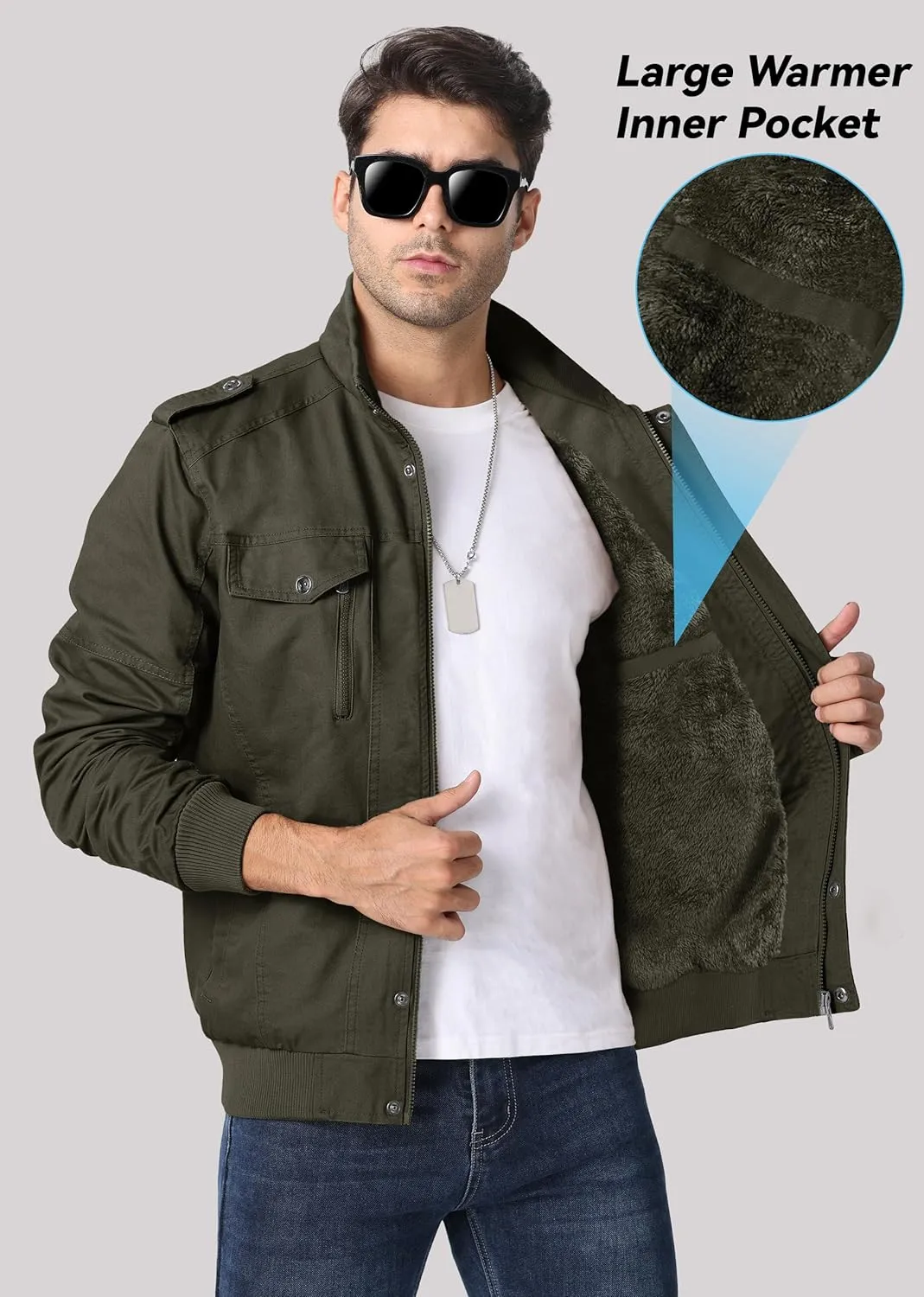 EKLENTSON Men's Winter Jacket with Multi Pockets Zip Front Thick Thermal Fleece Lined Coat Work Cargo Jacket for Men