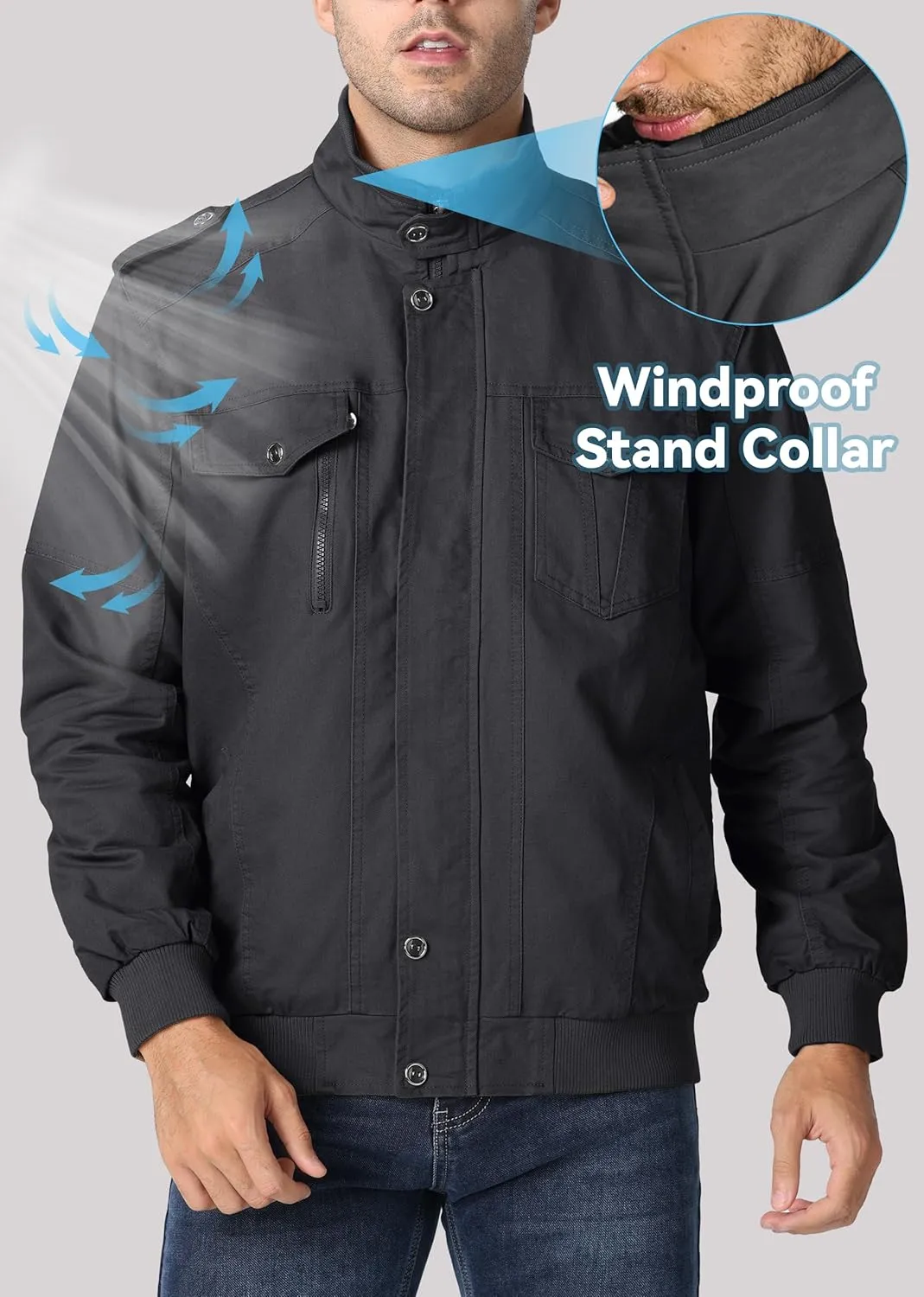 EKLENTSON Men's Winter Jacket with Multi Pockets Zip Front Thick Thermal Fleece Lined Coat Work Cargo Jacket for Men