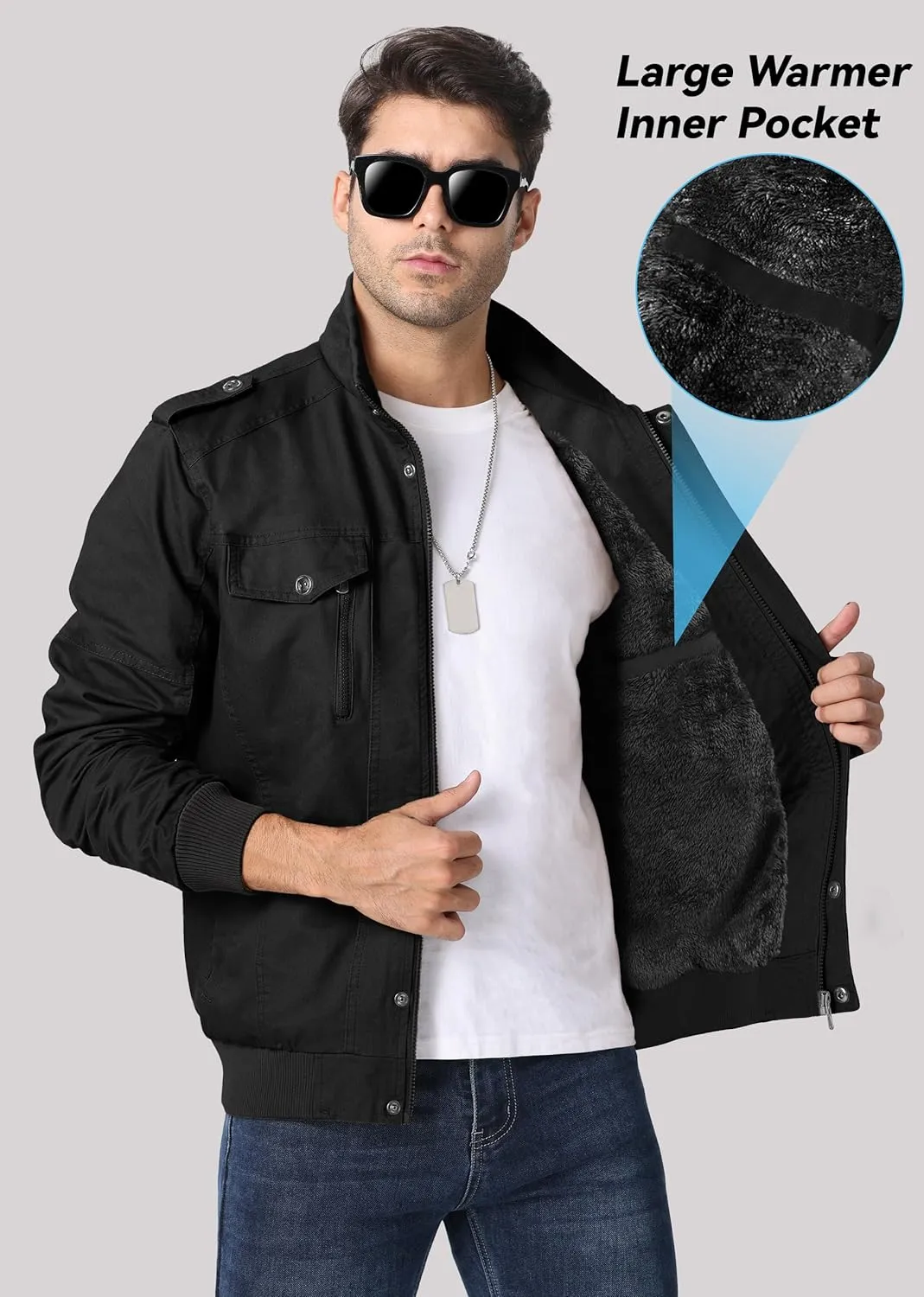 EKLENTSON Men's Winter Jacket with Multi Pockets Zip Front Thick Thermal Fleece Lined Coat Work Cargo Jacket for Men