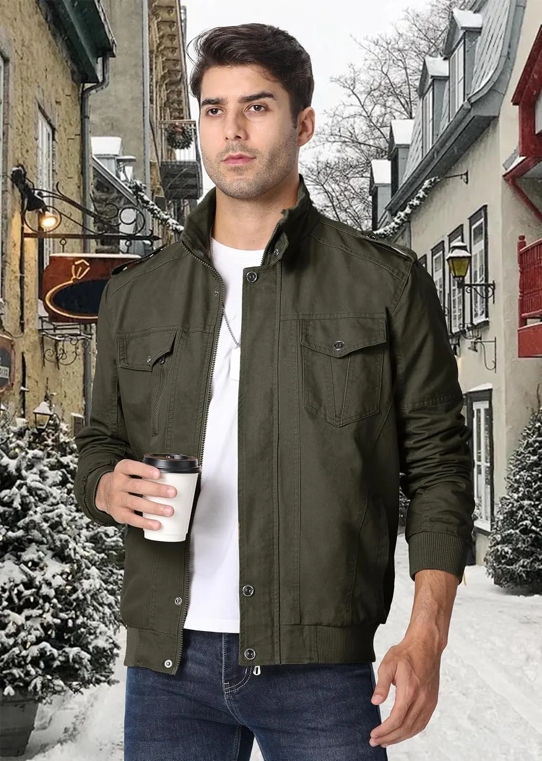 EKLENTSON Men's Winter Jacket with Multi Pockets Zip Front Thick Thermal Fleece Lined Coat Work Cargo Jacket for Men